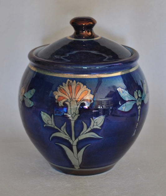 Lidded Jar - Red Dianthus & Dragonfly