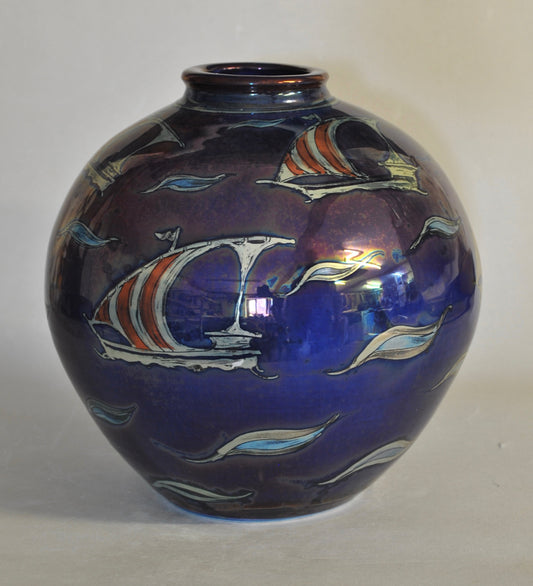 Round Vase - Sailing Ship - Purple-Blue