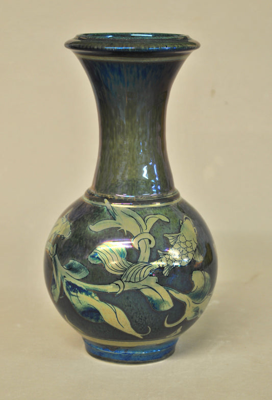 Slim Necked Vase - Fish & Weed - Silver-Blue/Green