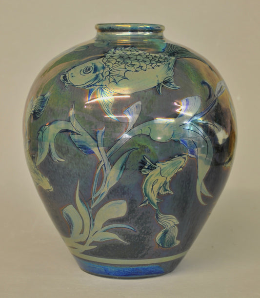 Round Vase - Fish & Weed - Silver-Blue-Green