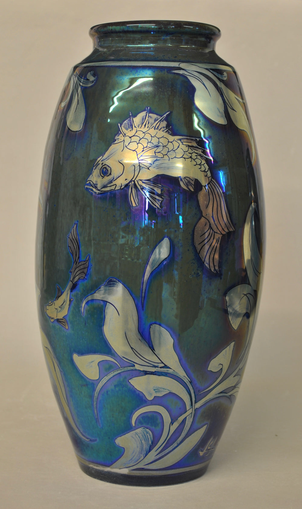 Tall Slim Vase - Fish & Weed - Silver-Blue-Green