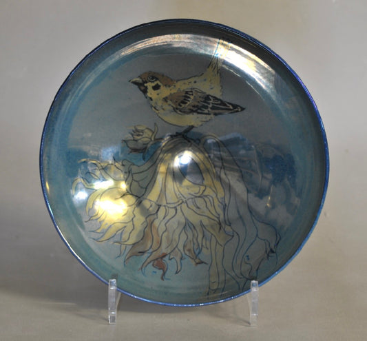 Small Bowl - Sparrow & Sunflower - Silver-Blue