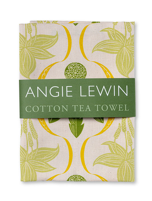 Tea towel featuring a bespoke design created by Angie Lewin inspired by Watts Chapel.