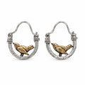 Bronze Bird on Silver Hoop Earrings