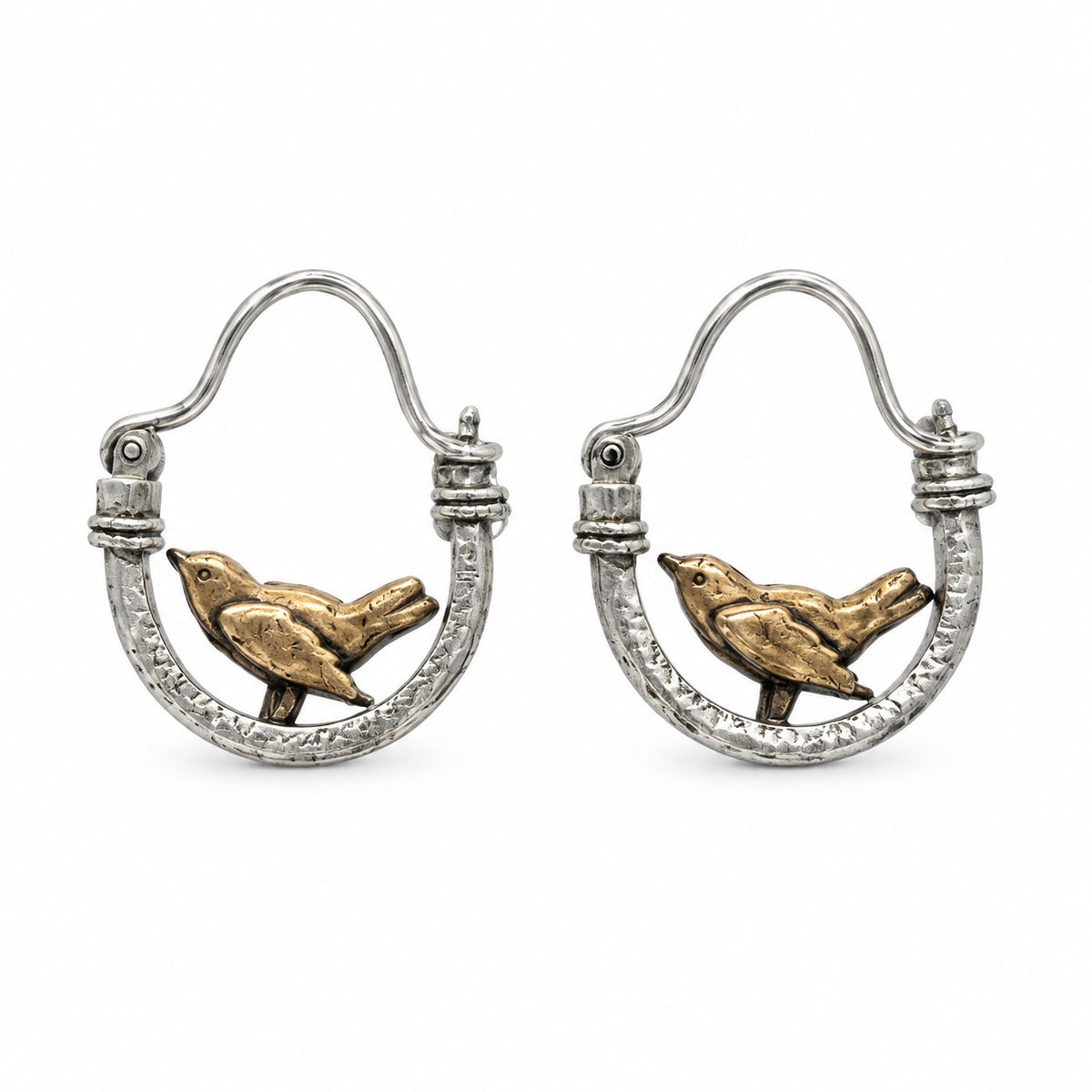 Bronze Bird on Silver Hoop Earrings