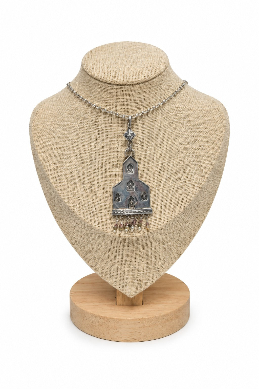 Silver church necklace pearls & tourmaline