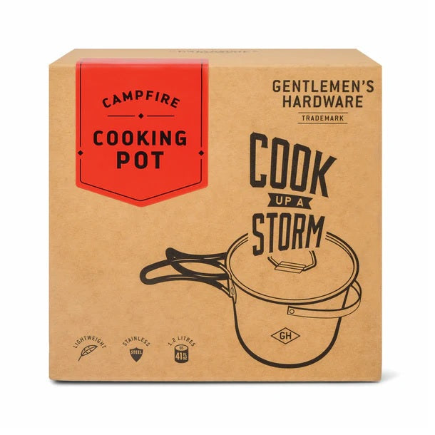 Packaging box for a stainless steel camping pot with the product illustrated on the front and the brand 'Gentlemen's Hardware' visible.