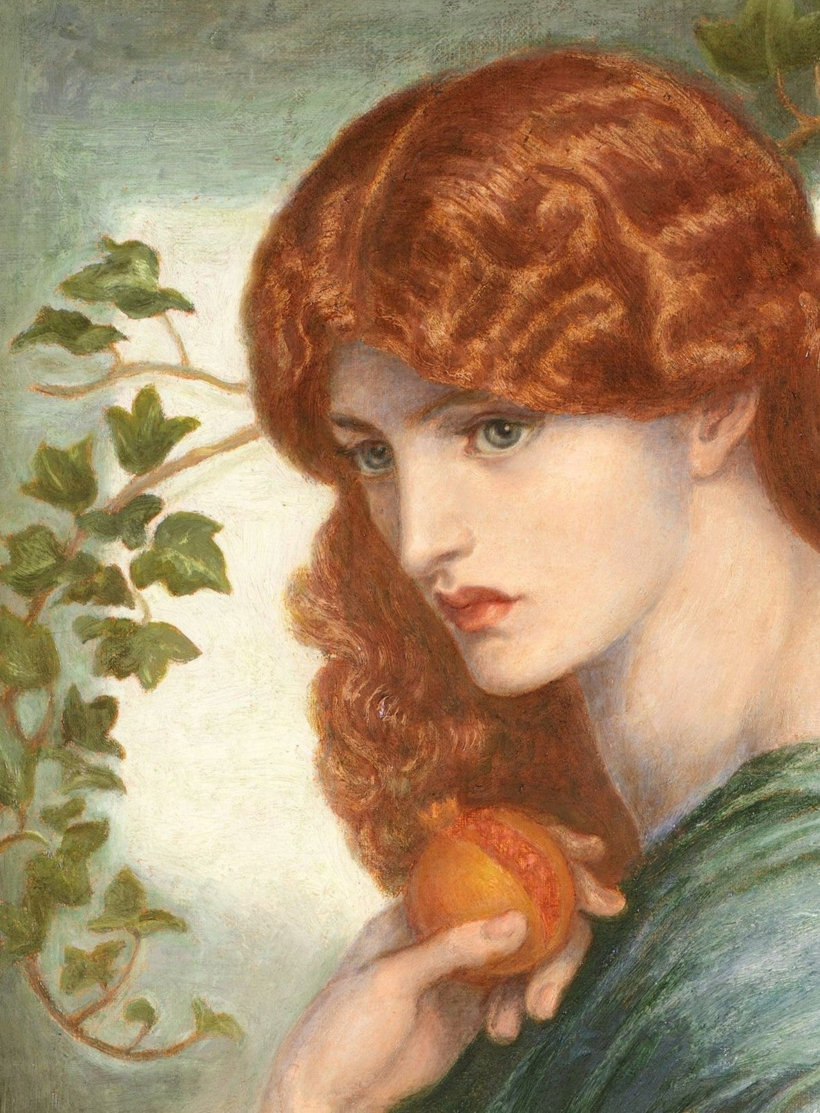 Woman with red hair holding an apple, surrounded by greenery