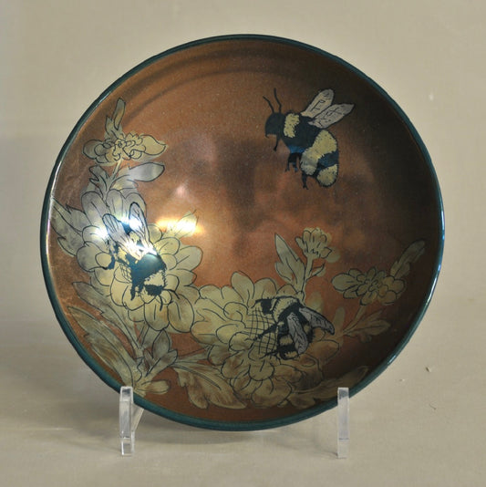 Small Bowl - Chrysanthemum & Bees - Copper & Blue