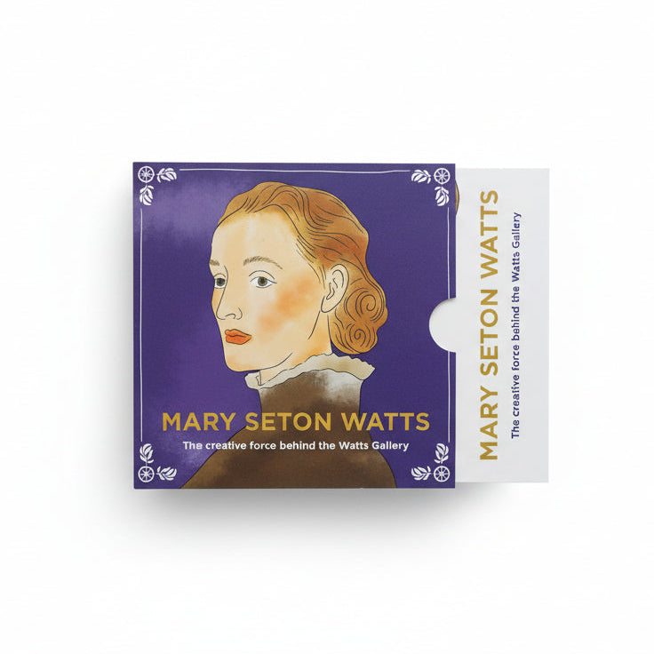 Product packaging with illustration of a woman's face and text about Mary Seton Watts on a white background