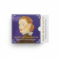 Product packaging with illustration of a woman's face and text about Mary Seton Watts on a white background