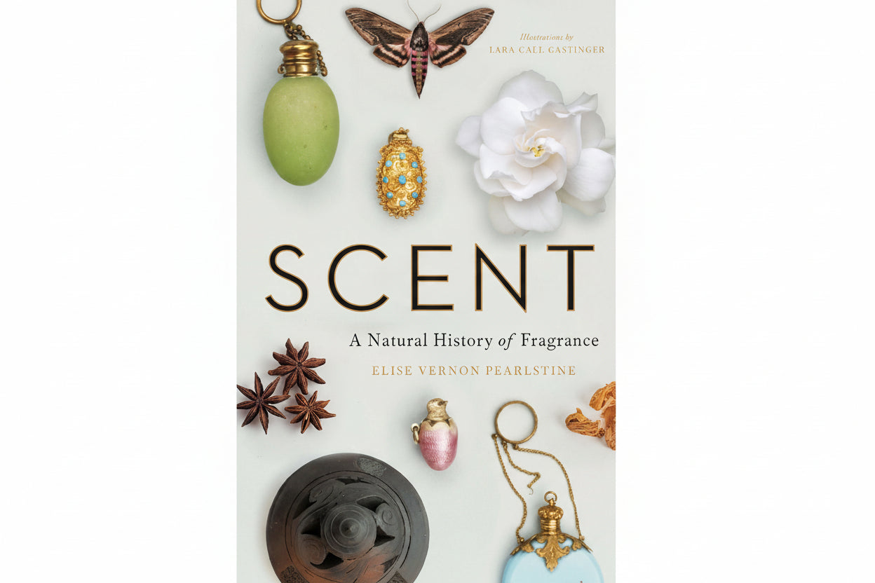 Cover of the book 'Scent: A Natural History of Fragrance' featuring various objects with a historical and natural aesthetic, such as a butterfly, a flower, and what appears to be a vintage compass.