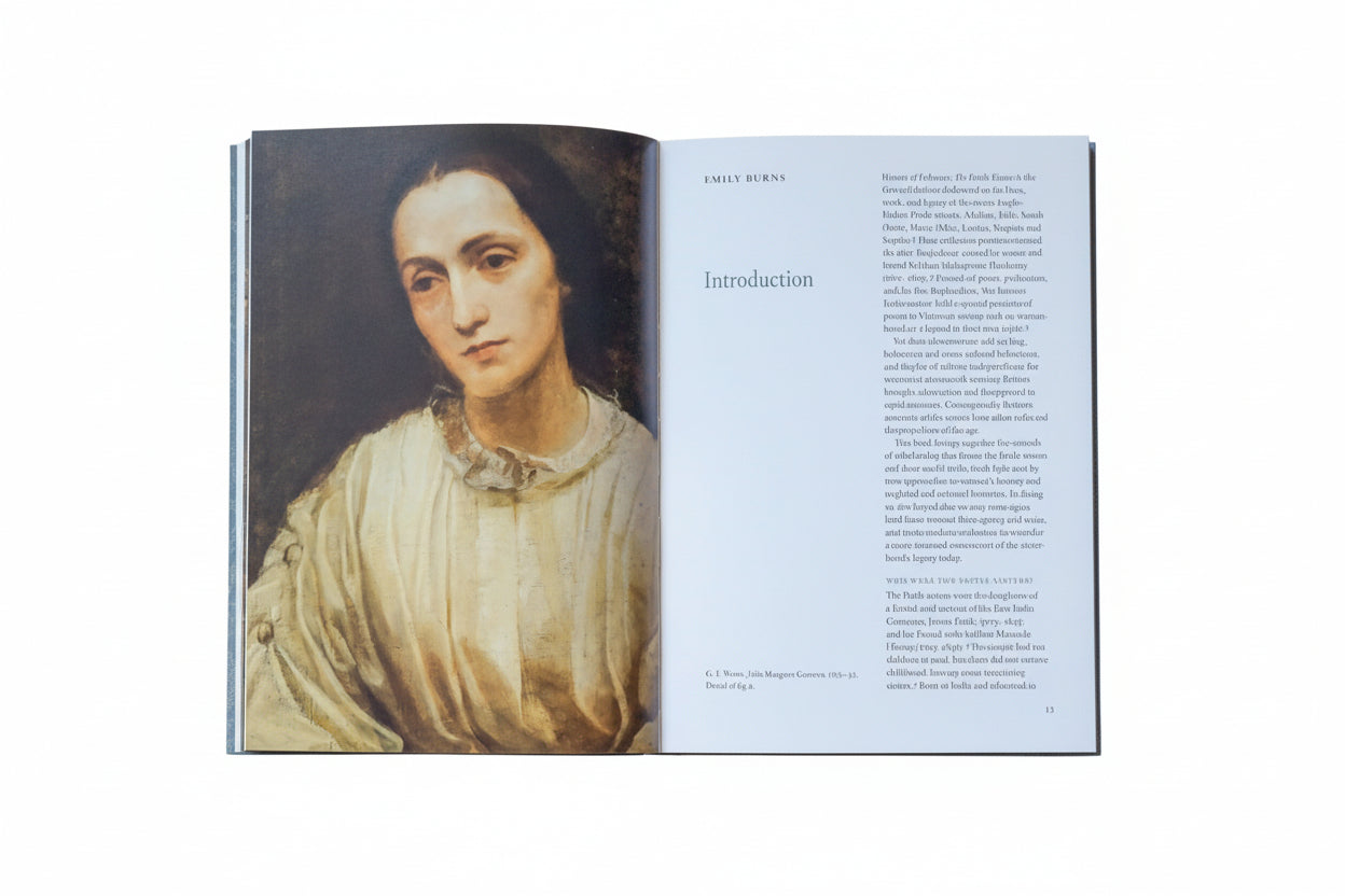 Open book with a portrait on one page and text on the other, against a white background
